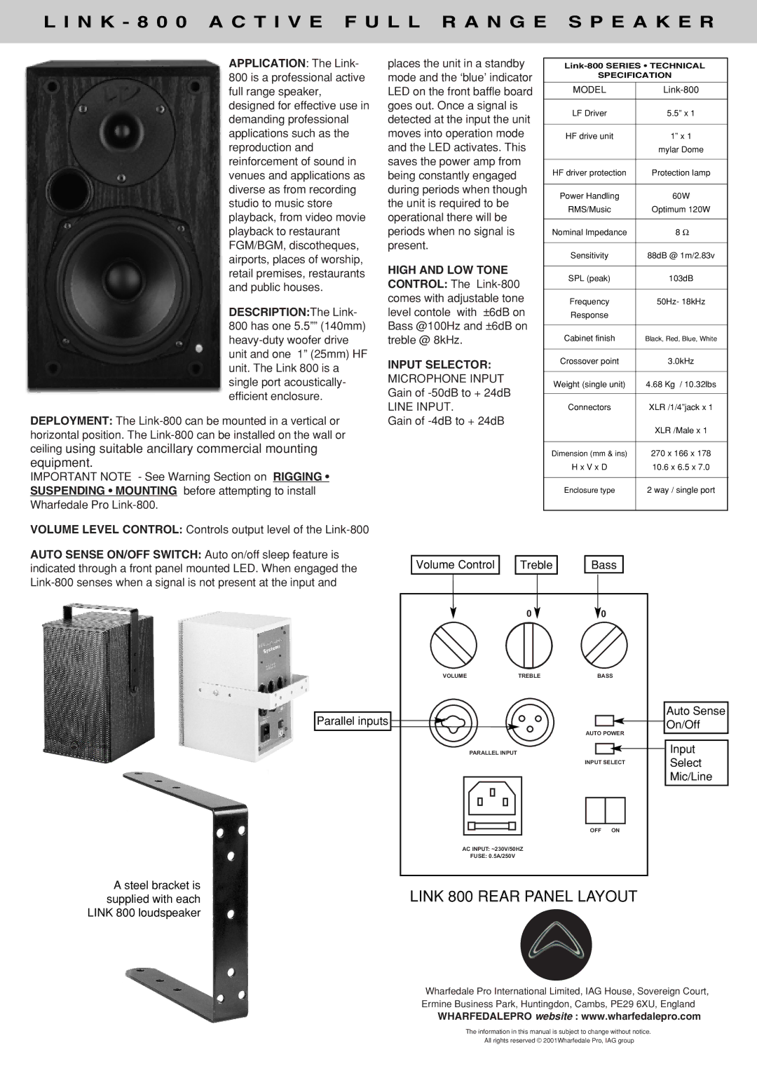 Wharfedale Link-800 user manual High and LOW Tone, Input Selector, Line Input 