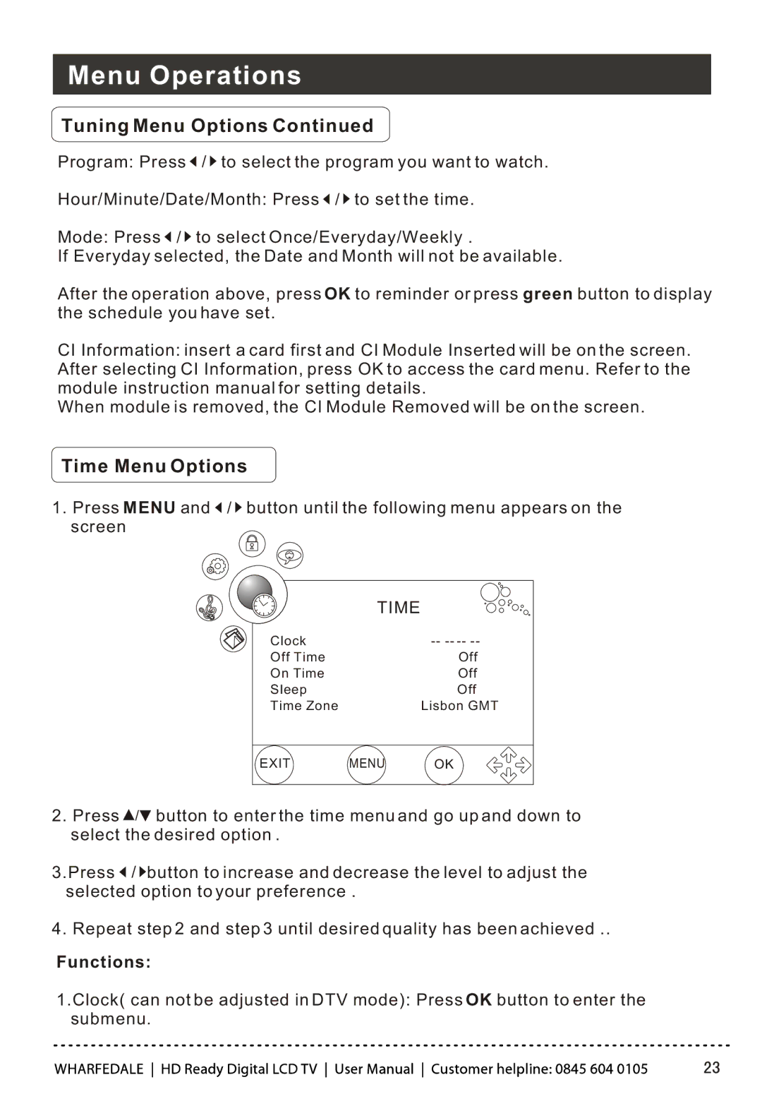 Wharfedale LY22T3CBW-UM manual Time Menu Options, Functions 