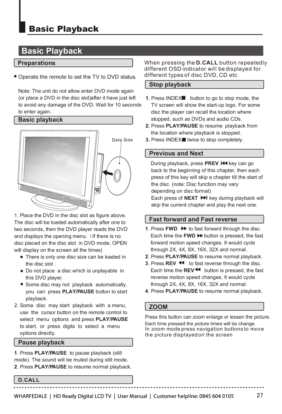 Wharfedale LY22T3CBW-UM Preparations, Basic playback, Stop playback, Previous and Next, Fast forward and Fast reverse 