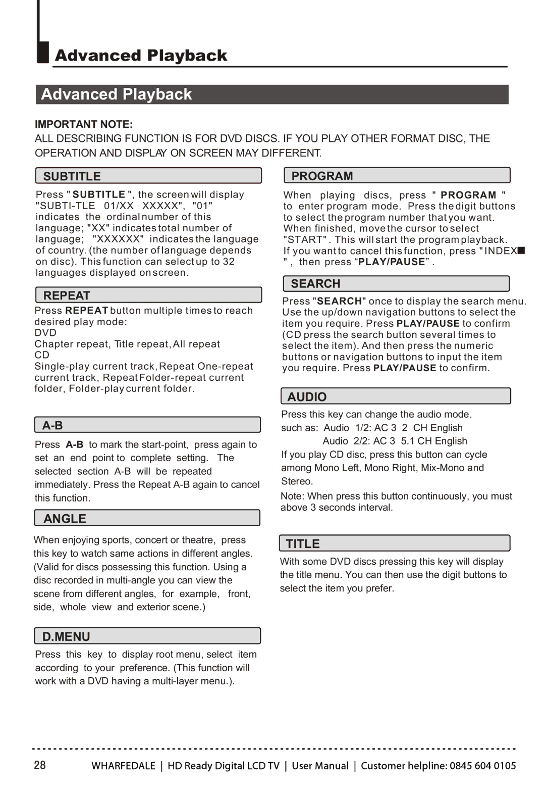 Wharfedale LY22T3CBW-UM manual Advanced Playback 