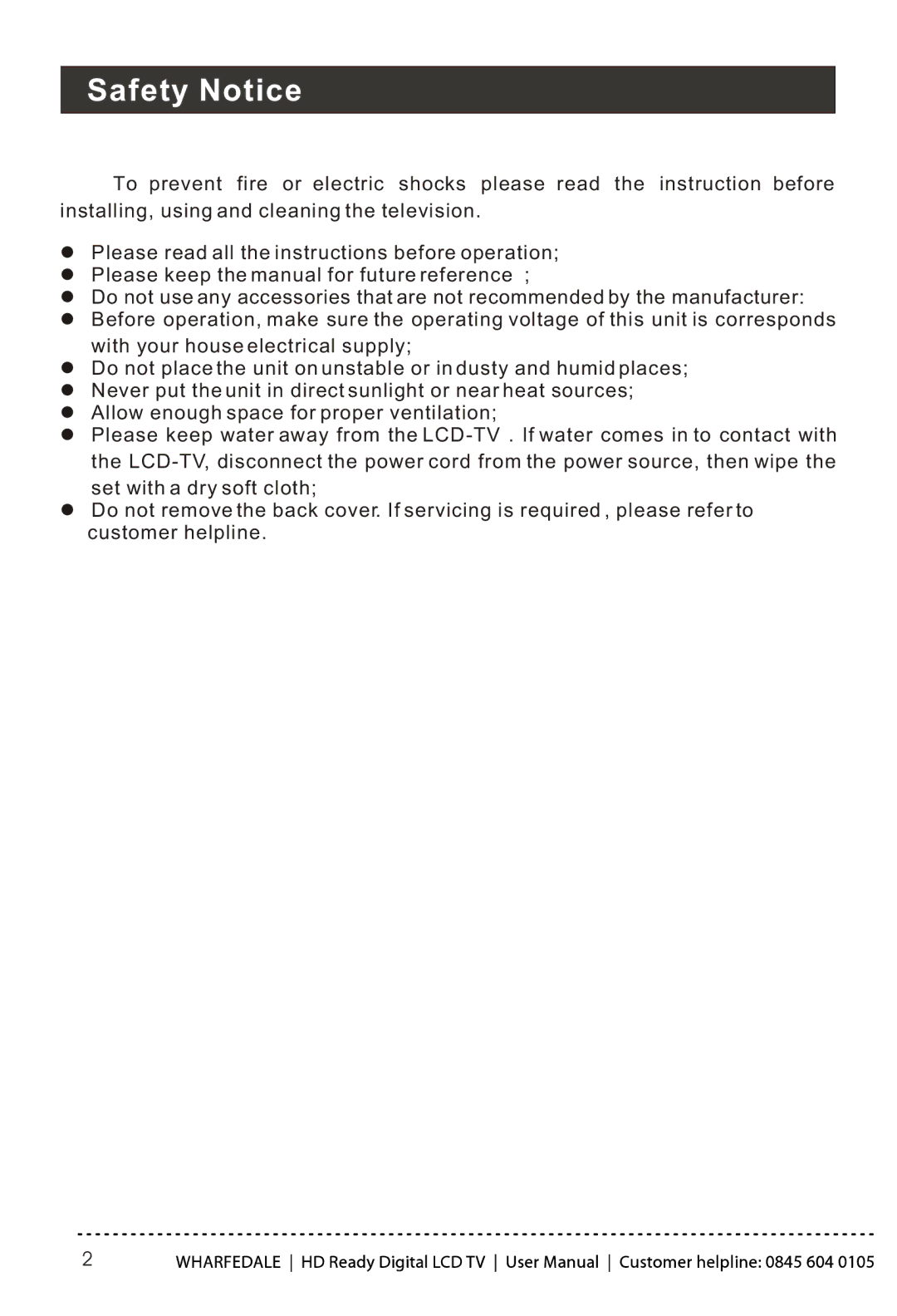 Wharfedale LY22T3CBW-UM manual Safety Notice 