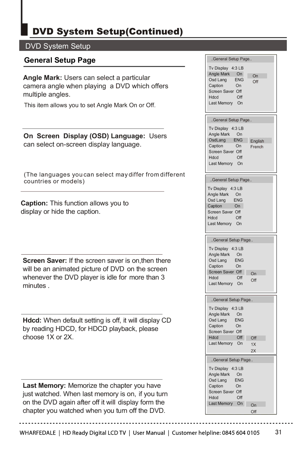 Wharfedale LY22T3CBW-UM manual General Setup, On Screen Display OSD Language Users 