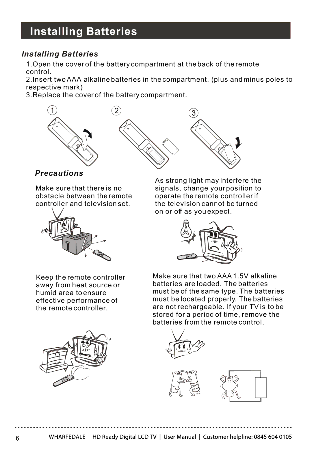 Wharfedale LY22T3CBW-UM manual Installing Batteries 