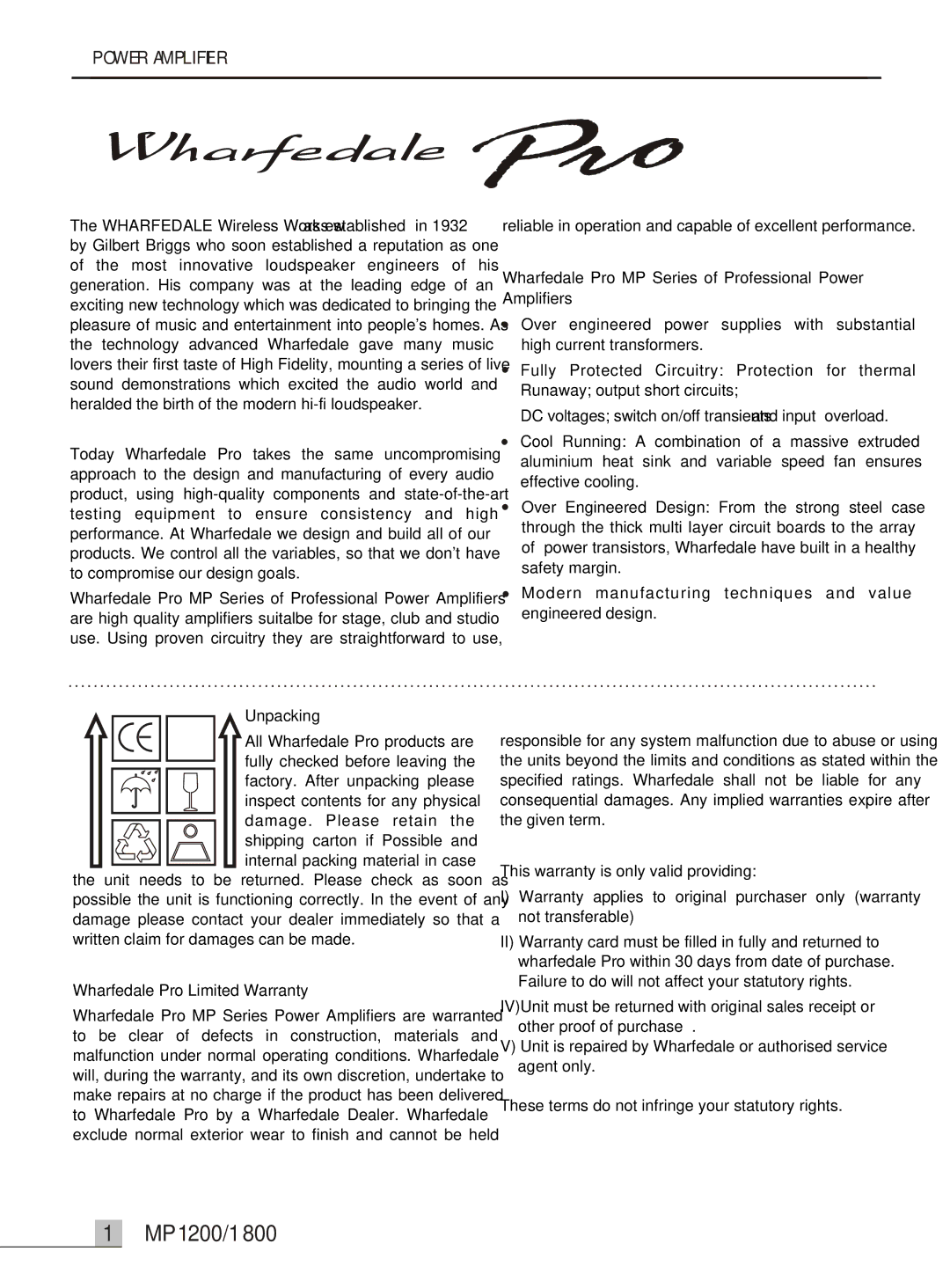 Wharfedale MP 1200 Unpacking, Wharfedale Pro Limited Warranty, Wharfedale Pro MP Series of Professional Power Amplifiers 