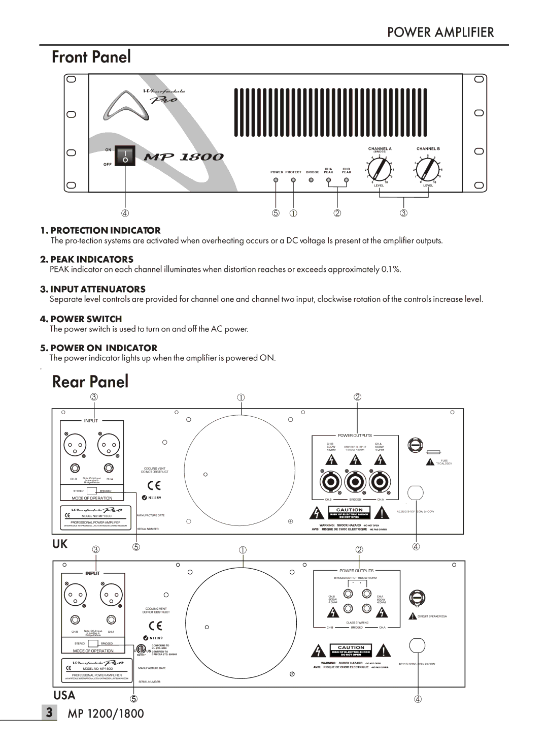 Wharfedale MP 1200 manual Front Panel, Rear Panel 