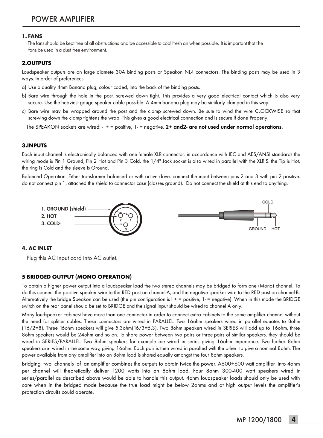 Wharfedale MP 1200 manual Fans, Outputs, Inputs, AC Inlet, Bridged Output Mono Operation 