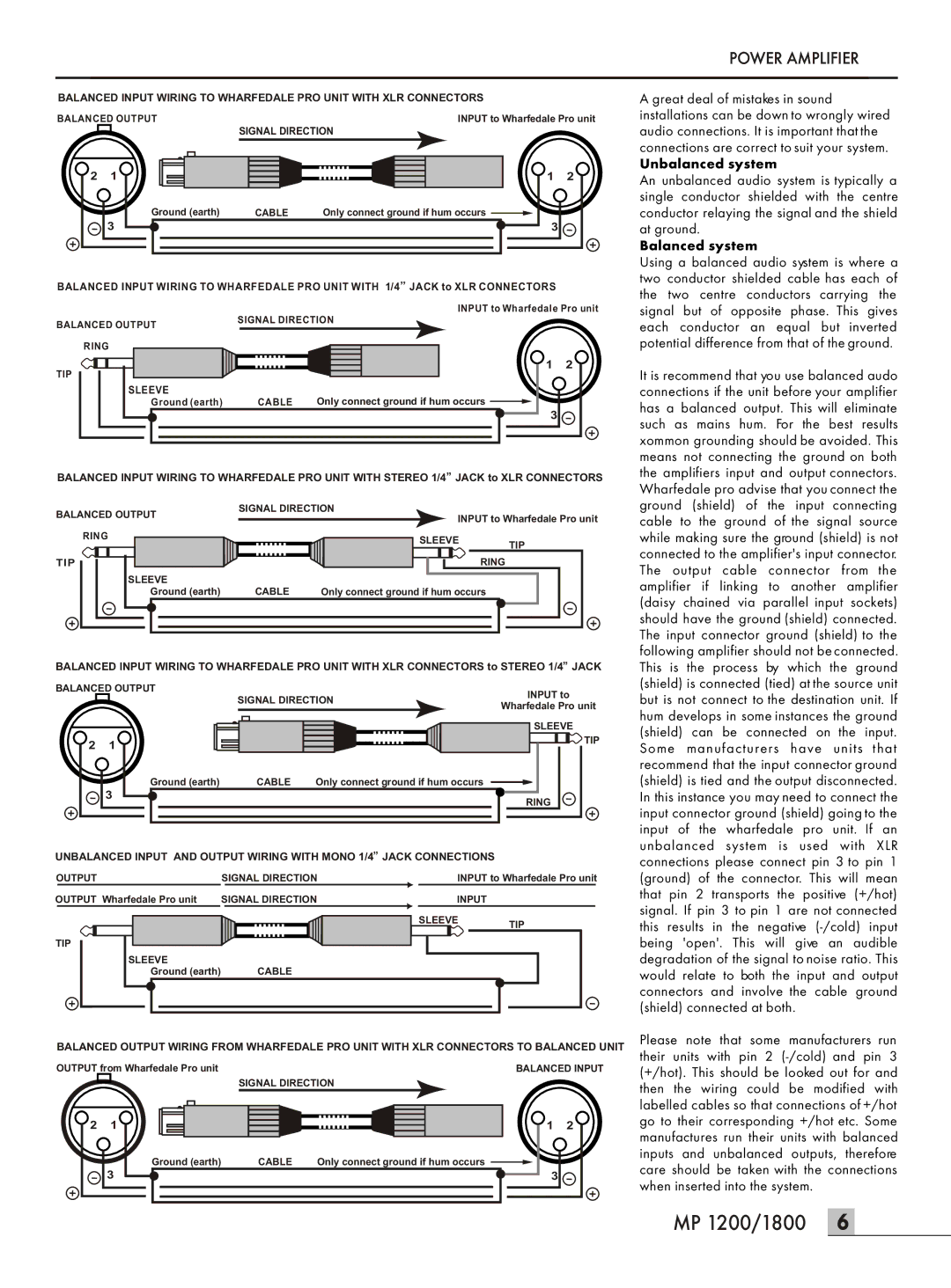 Wharfedale MP 1200 manual Unbalanced system 