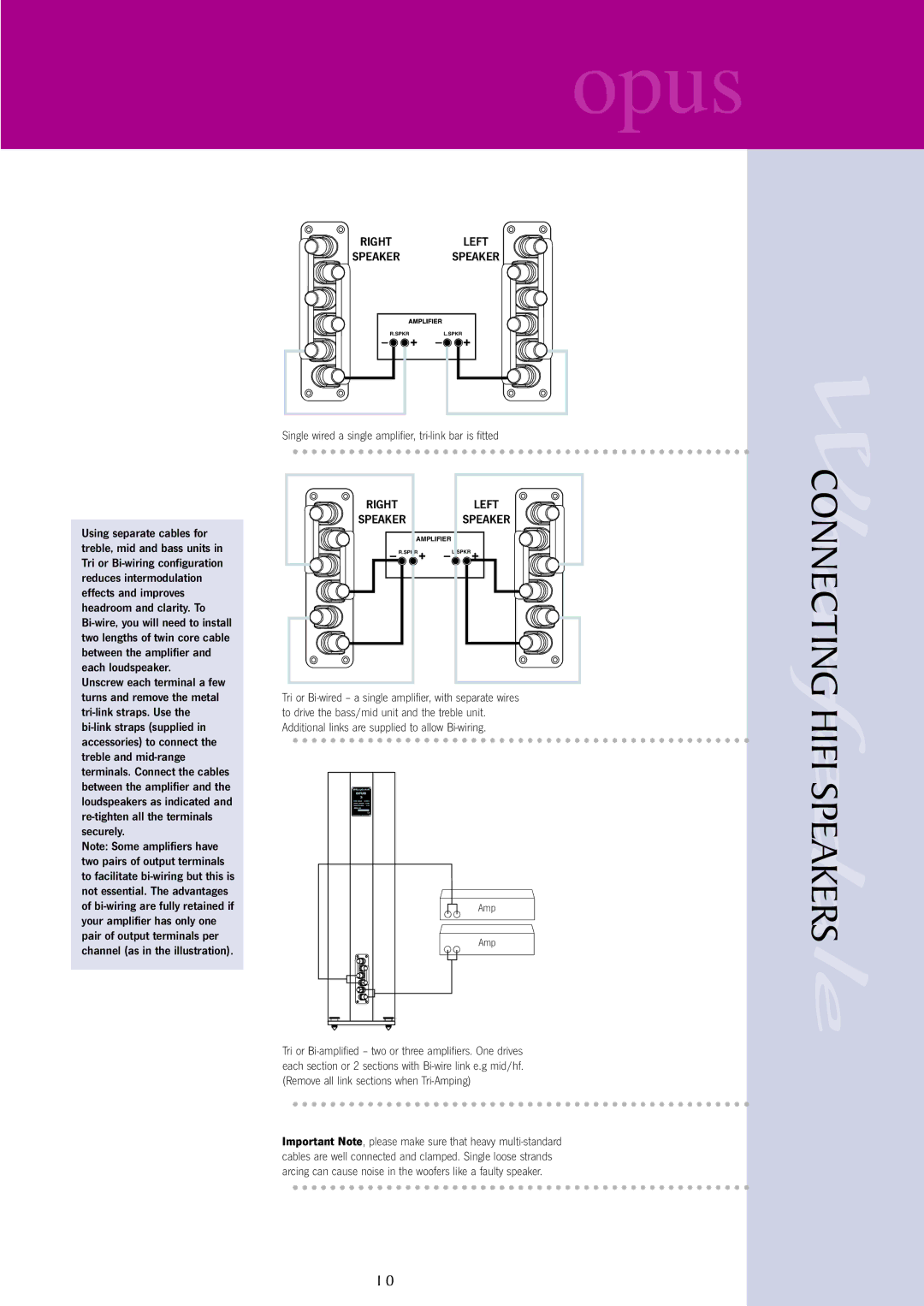 Wharfedale opus user manual Connecting Hifi Speakers, Rightleft Speaker Speaker 