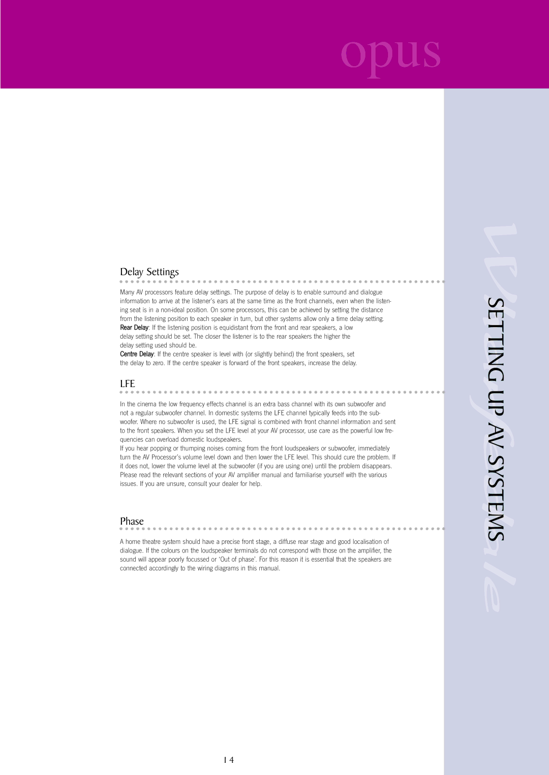 Wharfedale opus user manual Delay Settings, Lfe, Phase 