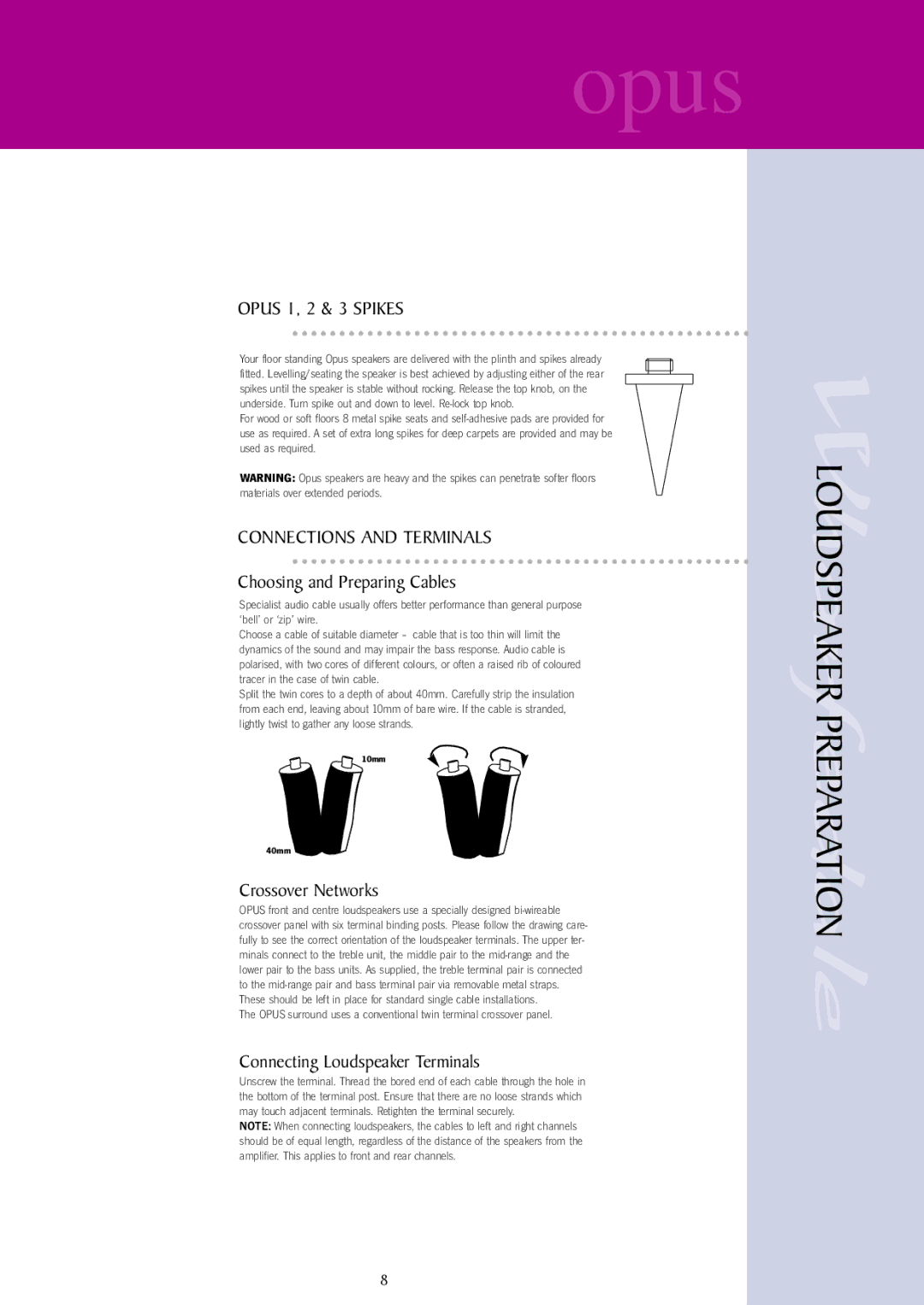 Wharfedale opus user manual Loudspeaker Preparation, Connections and Terminals 