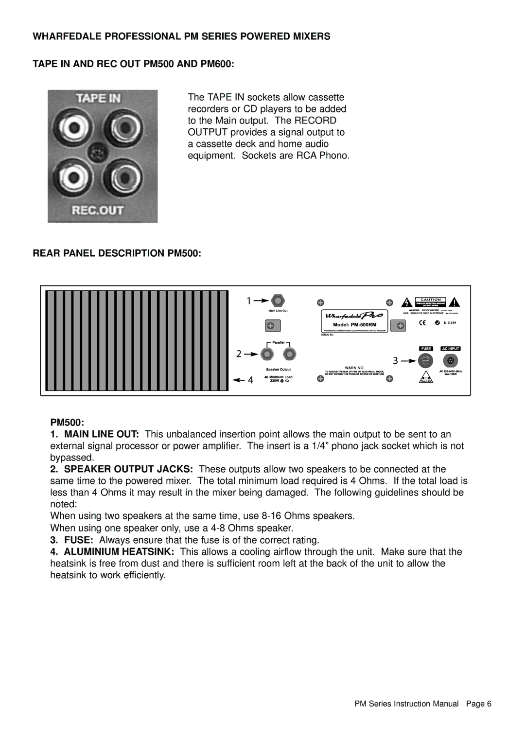 Wharfedale PM500 RM, PM600 RM manual Rear Panel Description PM500 