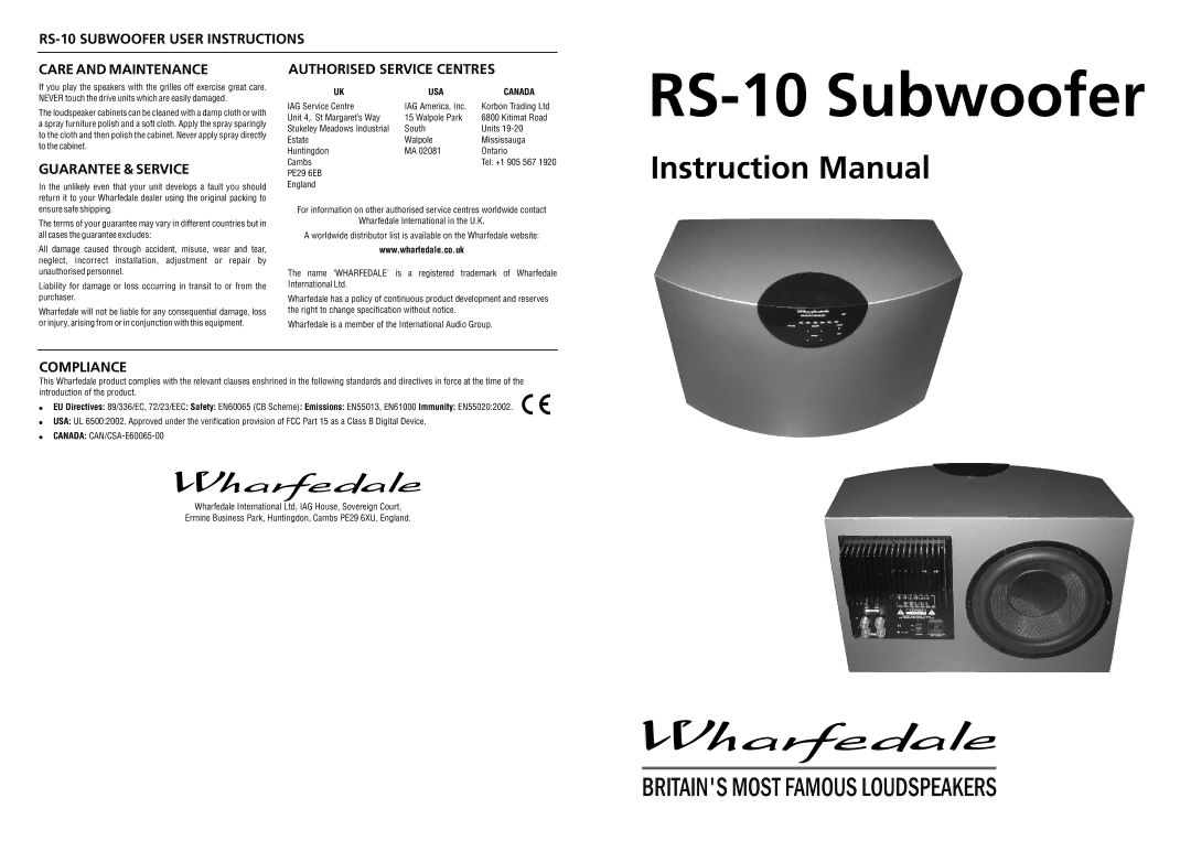 Wharfedale instruction manual RS-10 Subwoofer User Instructions Care and Maintenance, Guarantee & Service, Compliance 