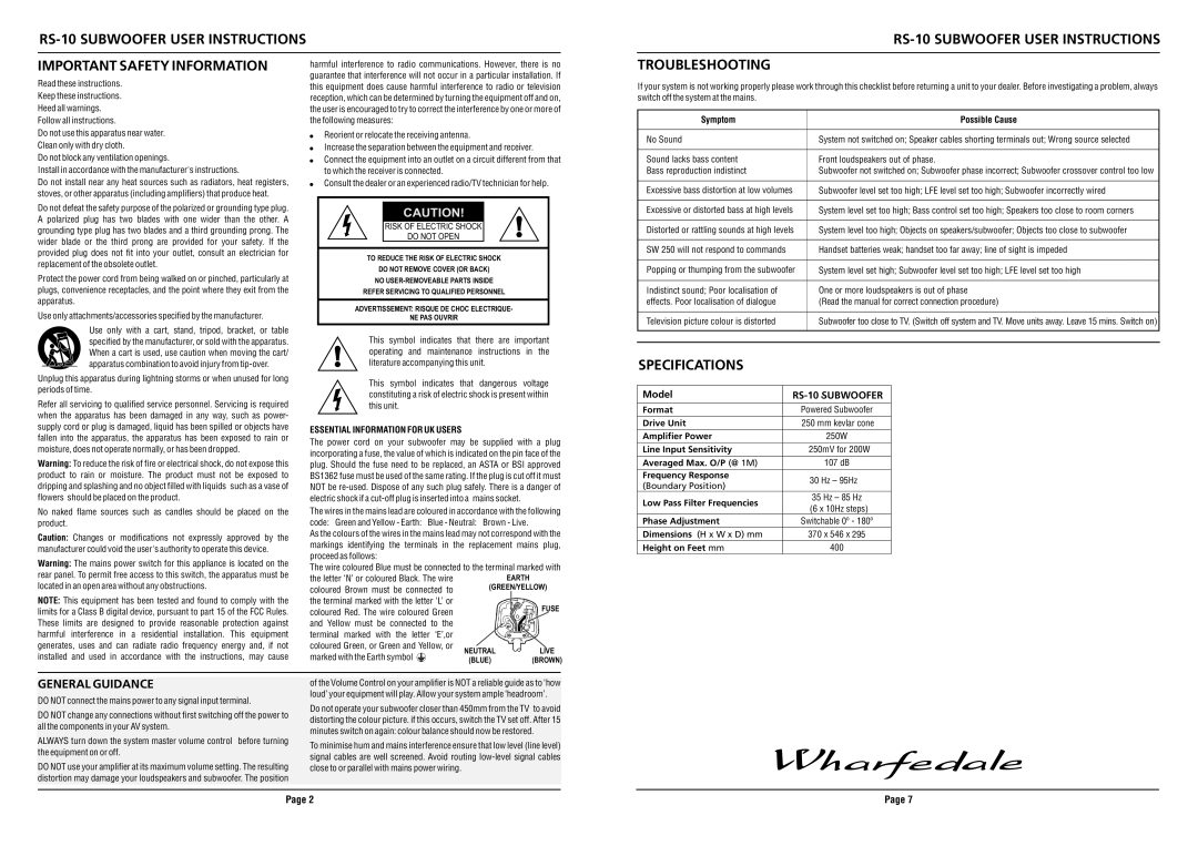 Wharfedale RS-10 instruction manual Troubleshooting, Specifications, General Guidance 