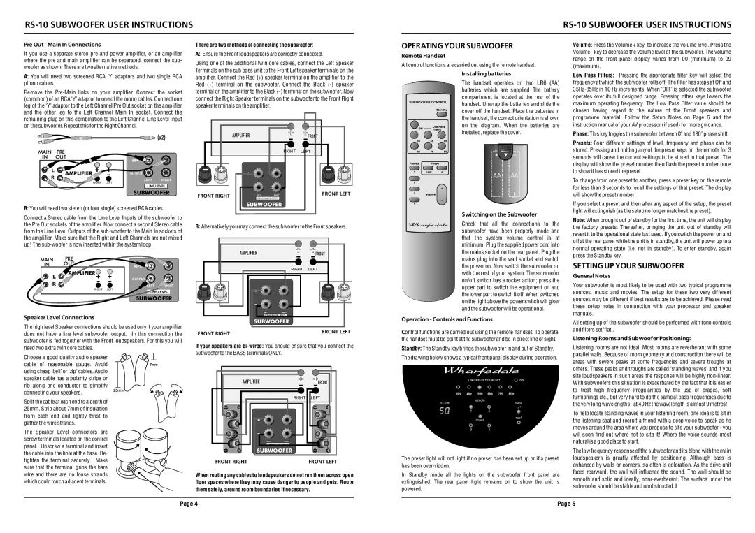 Wharfedale RS-10 instruction manual Operating Your Subwoofer, Setting UP Your Subwoofer 