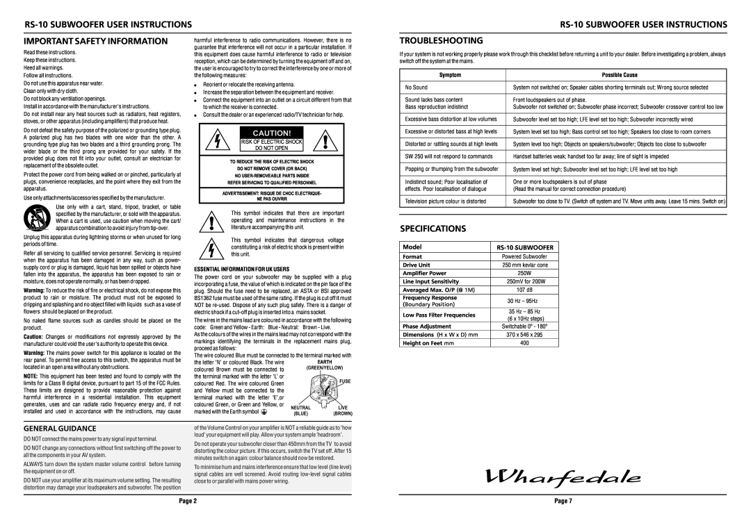 Wharfedale RS-10 Important Safety Information, Troubleshooting, Specifications, General Guidance, Page, Symptom, Hz - 95Hz 