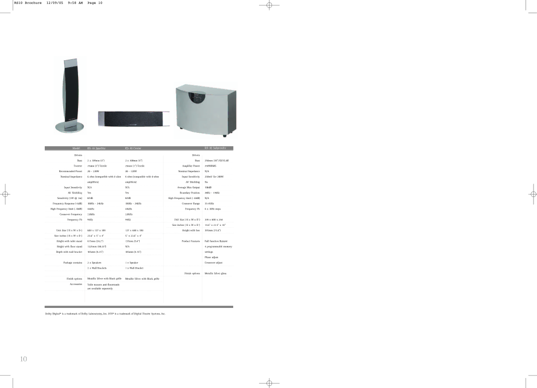 Wharfedale RS10 brochure Model RS-10 Satellite RS-10 Centre RS-10 Subwoofer 