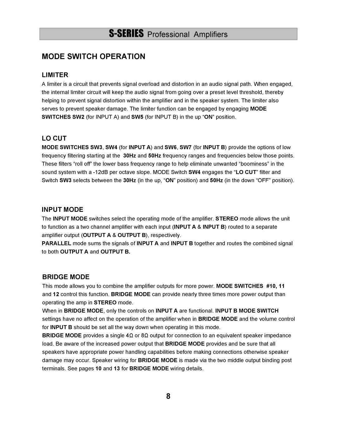 Wharfedale S-2500, S-1500, S-1000 manual Mode Switch Operation, Limiter 