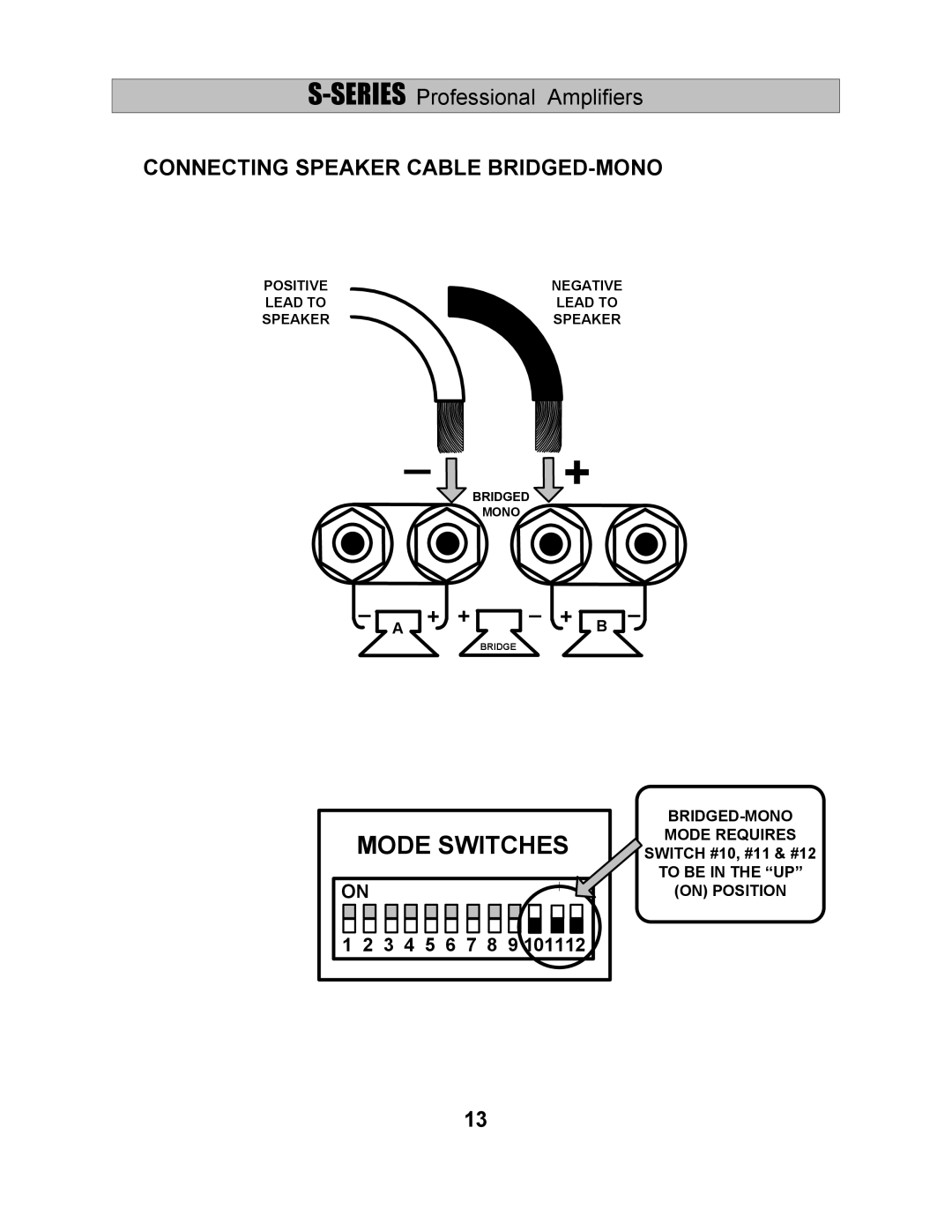 Wharfedale S-1500, S-2500, S-1000 manual Mode Switches, Connecting Speaker Cable BRIDGED-MONO 