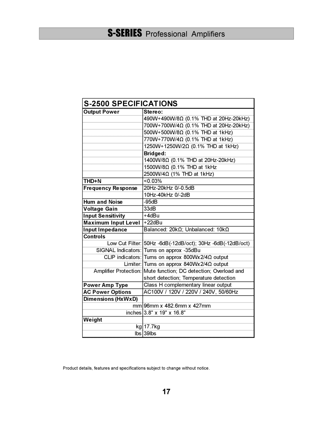 Wharfedale S-2500, S-1500, S-1000 manual 490W+490W/8Ω 0.1% THD at 20Hz-20kHz 