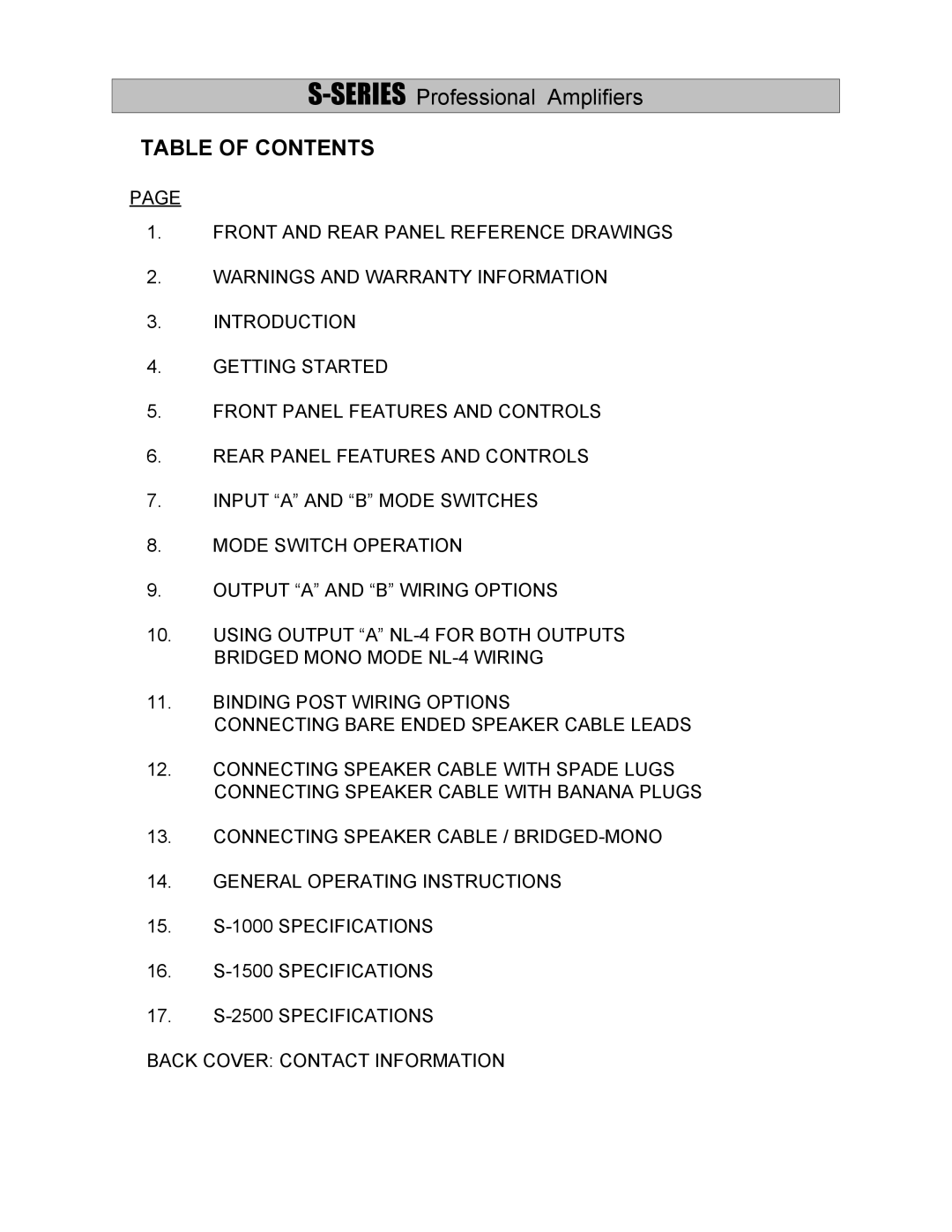 Wharfedale S-1000, S-1500, S-2500 manual Table of Contents 