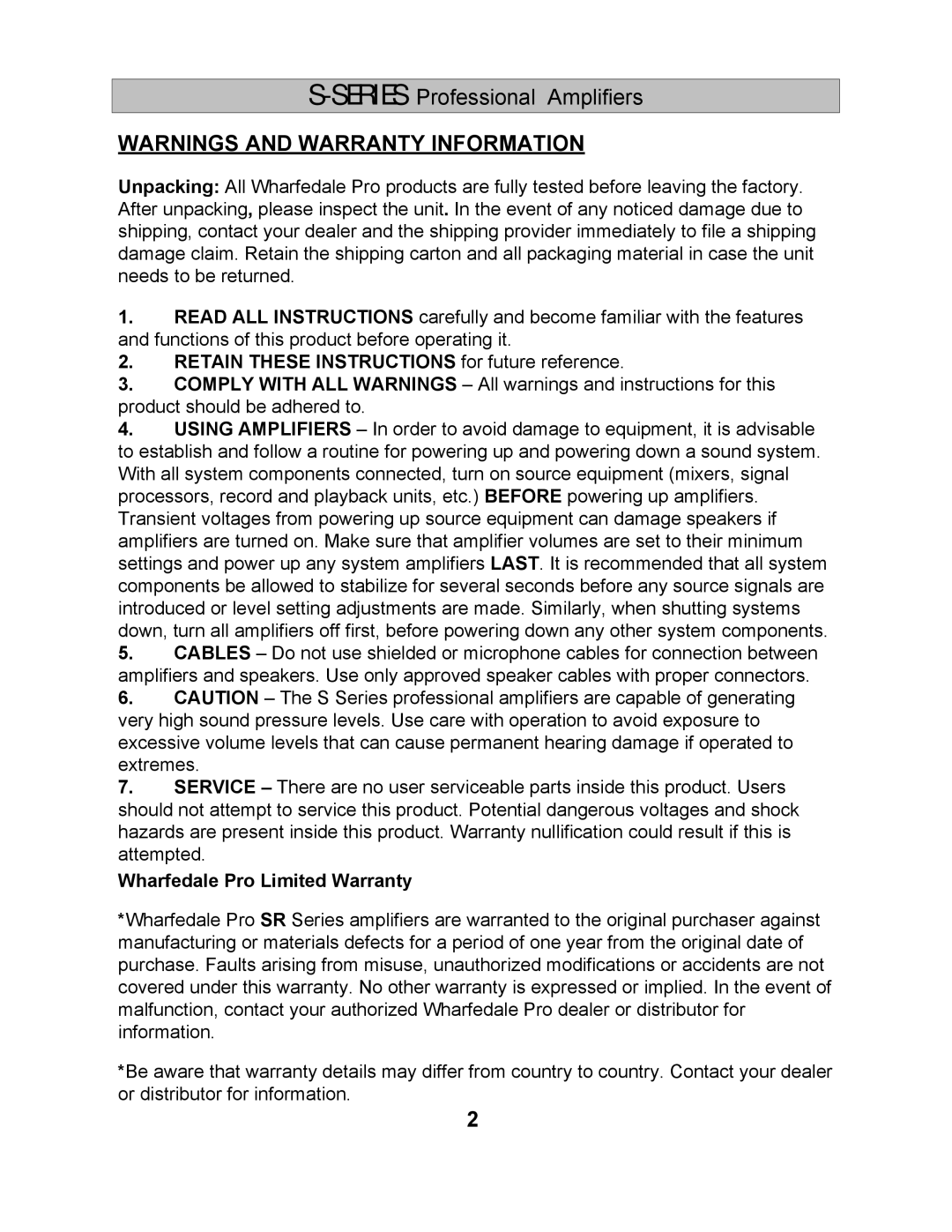 Wharfedale S-2500, S-1500, S-1000 manual Retain These Instructions for future reference 