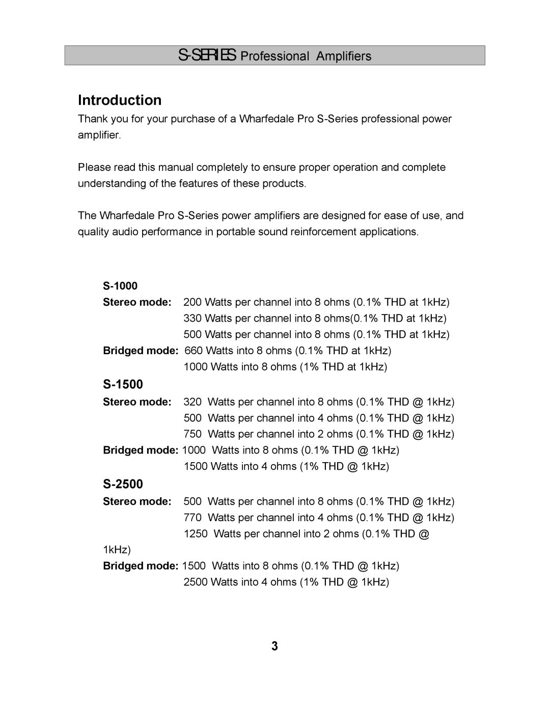 Wharfedale S-1000, S-1500, S-2500 manual Introduction 