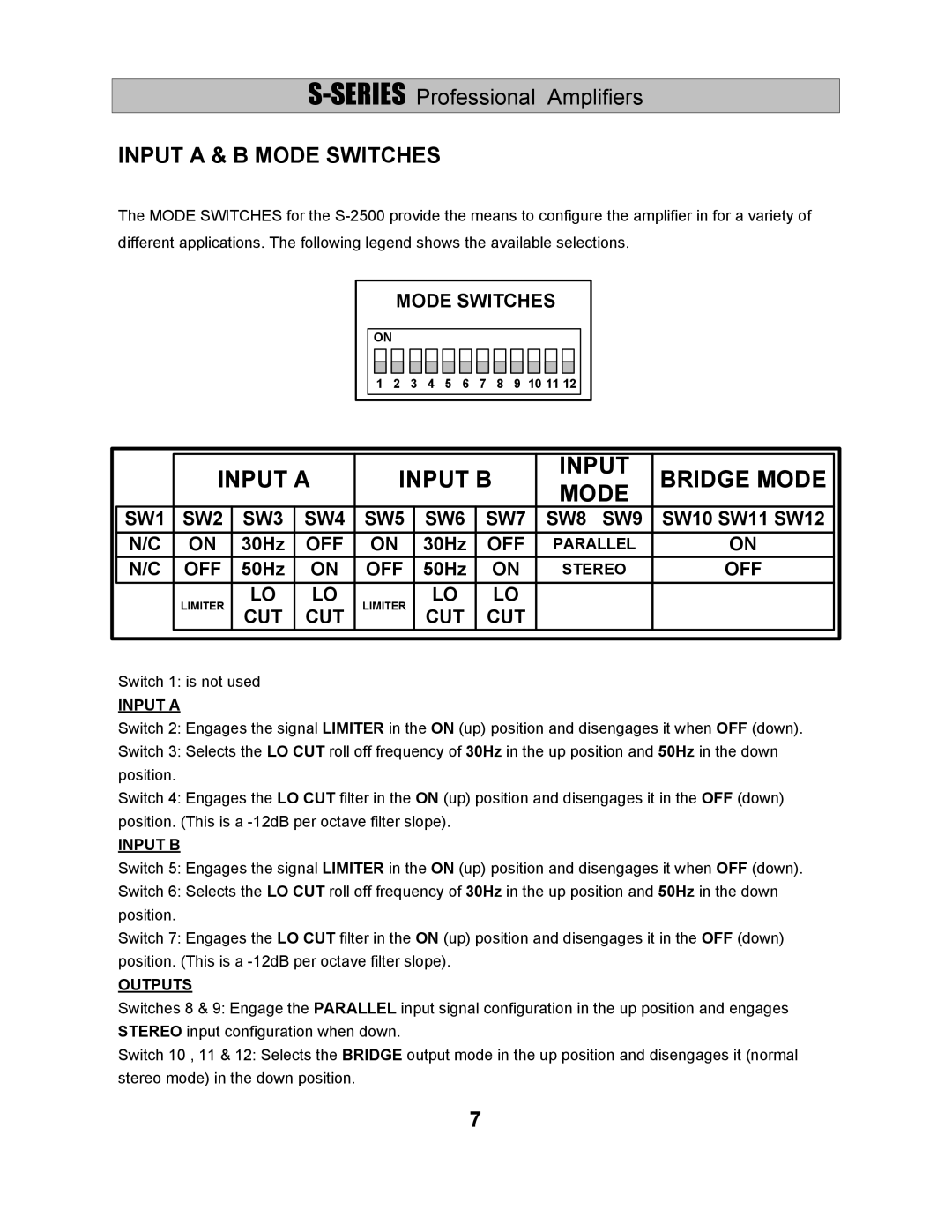 Wharfedale S-1500, S-2500, S-1000 manual Input a Input B Bridge Mode, Input a & B Mode Switches 