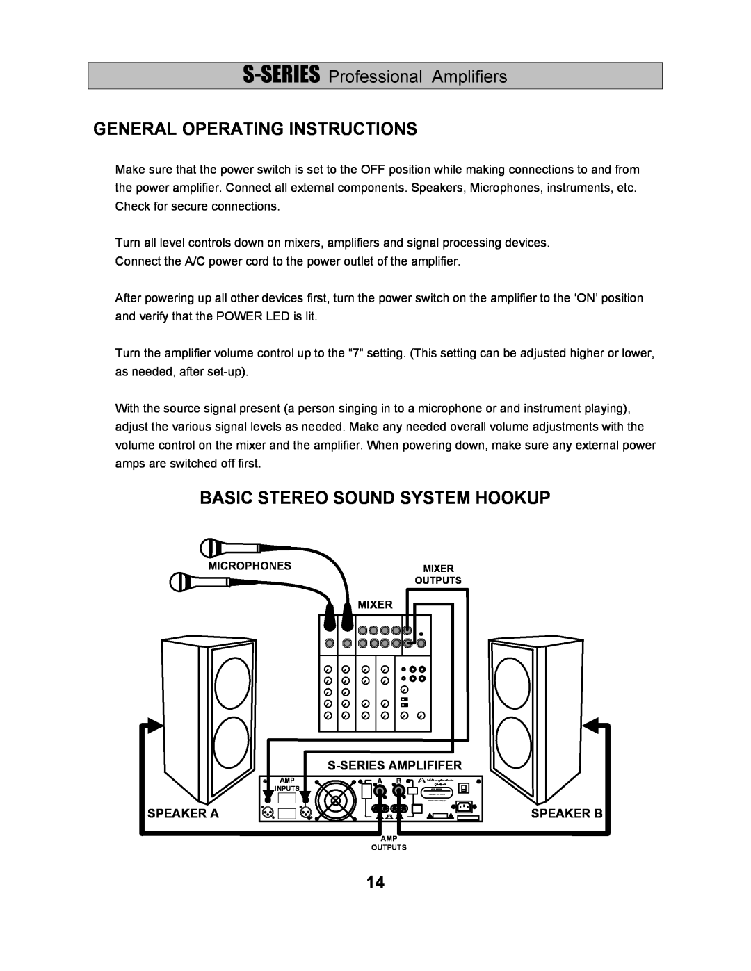 Wharfedale S-2500 manual General Operating Instructions, Basic Stereo Sound System Hookup, S-SERIES Professional Amplifiers 