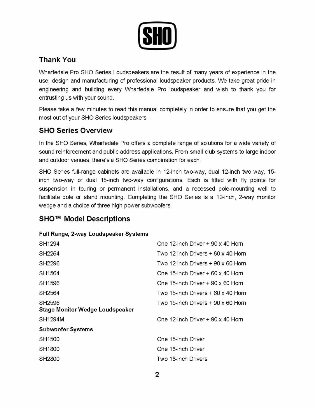 Wharfedale SH2800, SH1800, SH1500 manual 