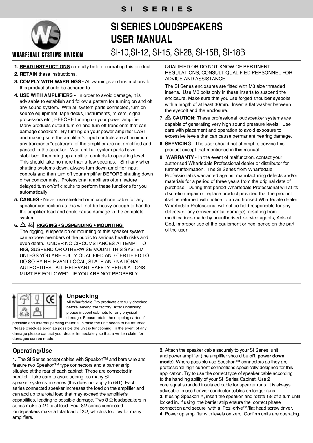 Wharfedale SI Series instruction manual SI-10,SI-12, SI-15, SI-28, SI-15B, SI-18B, Rigging Suspending Mounting 