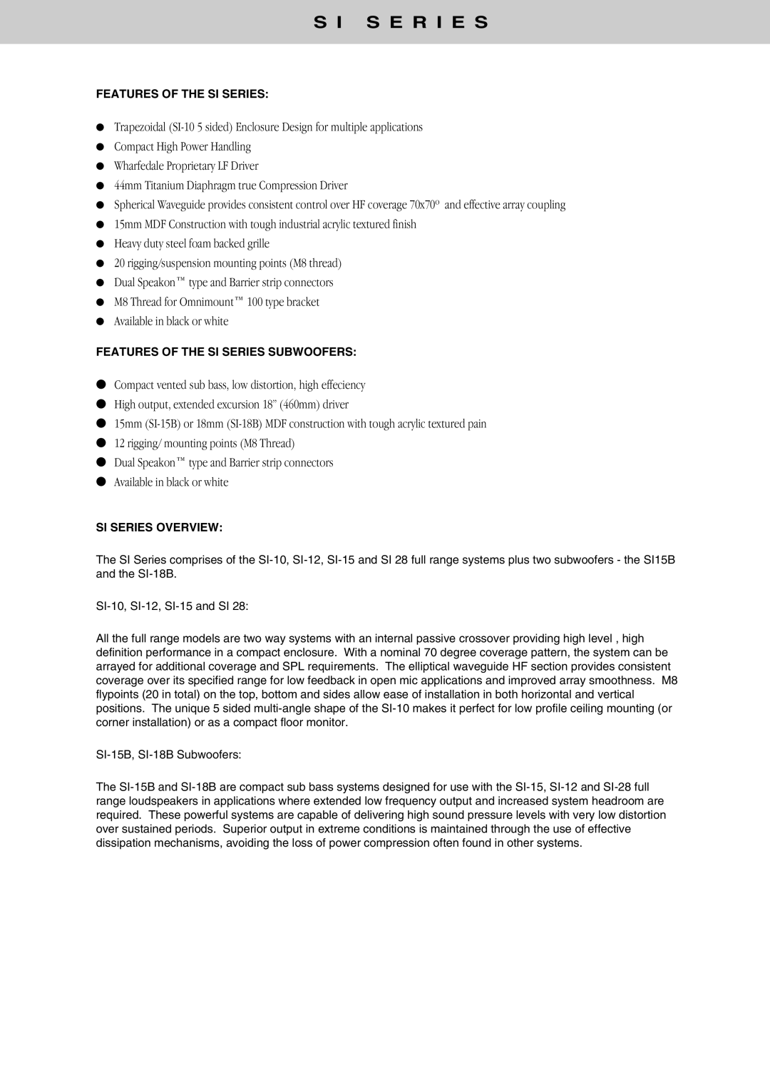 Wharfedale instruction manual Features of the SI Series Subwoofers, SI Series Overview 