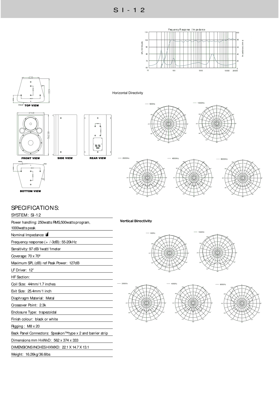 Wharfedale SI Series instruction manual Dimensions Inches Hxwxd 22.1 X 14.7 X, System SI-12 