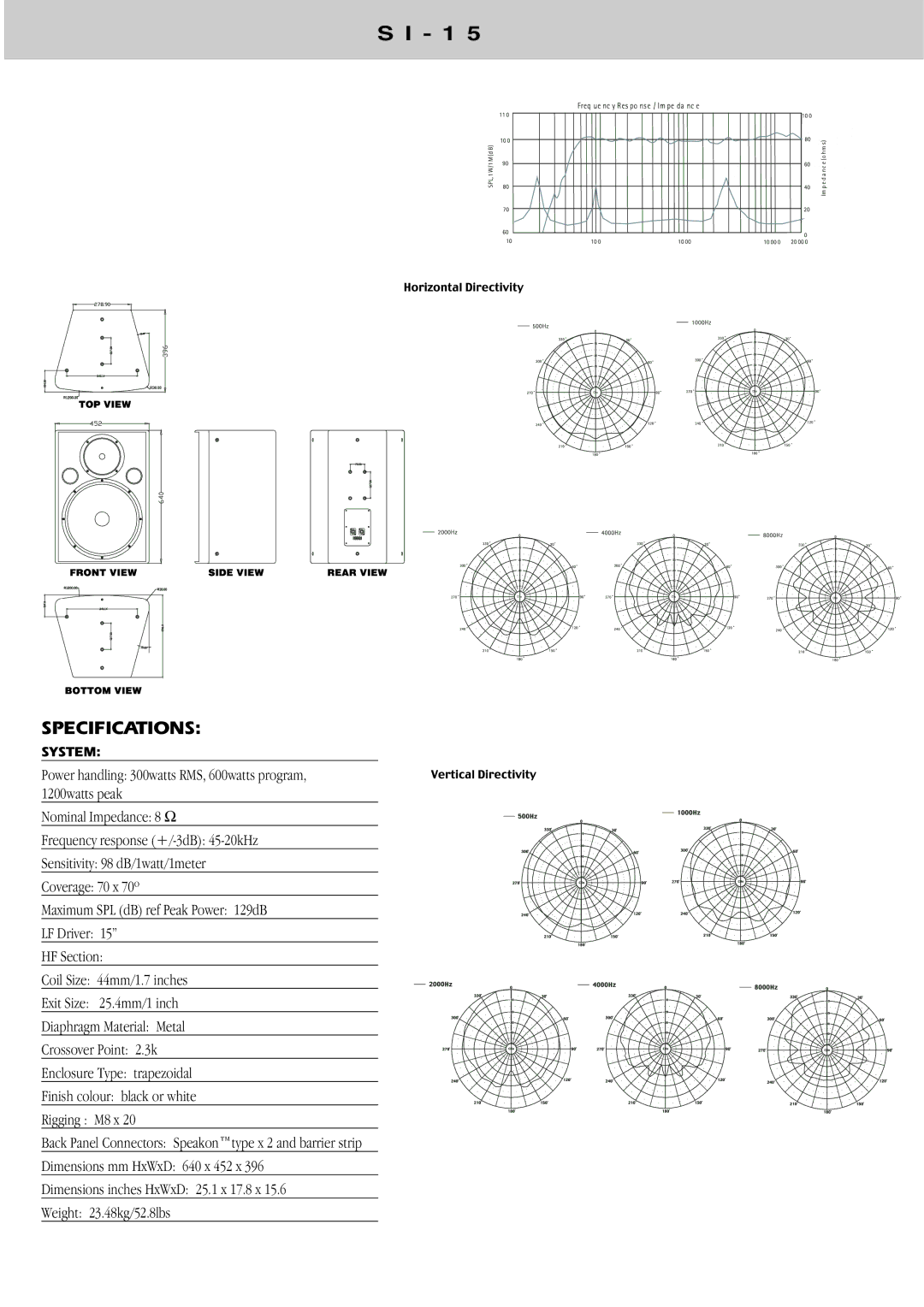 Wharfedale SI Series instruction manual Specifications 