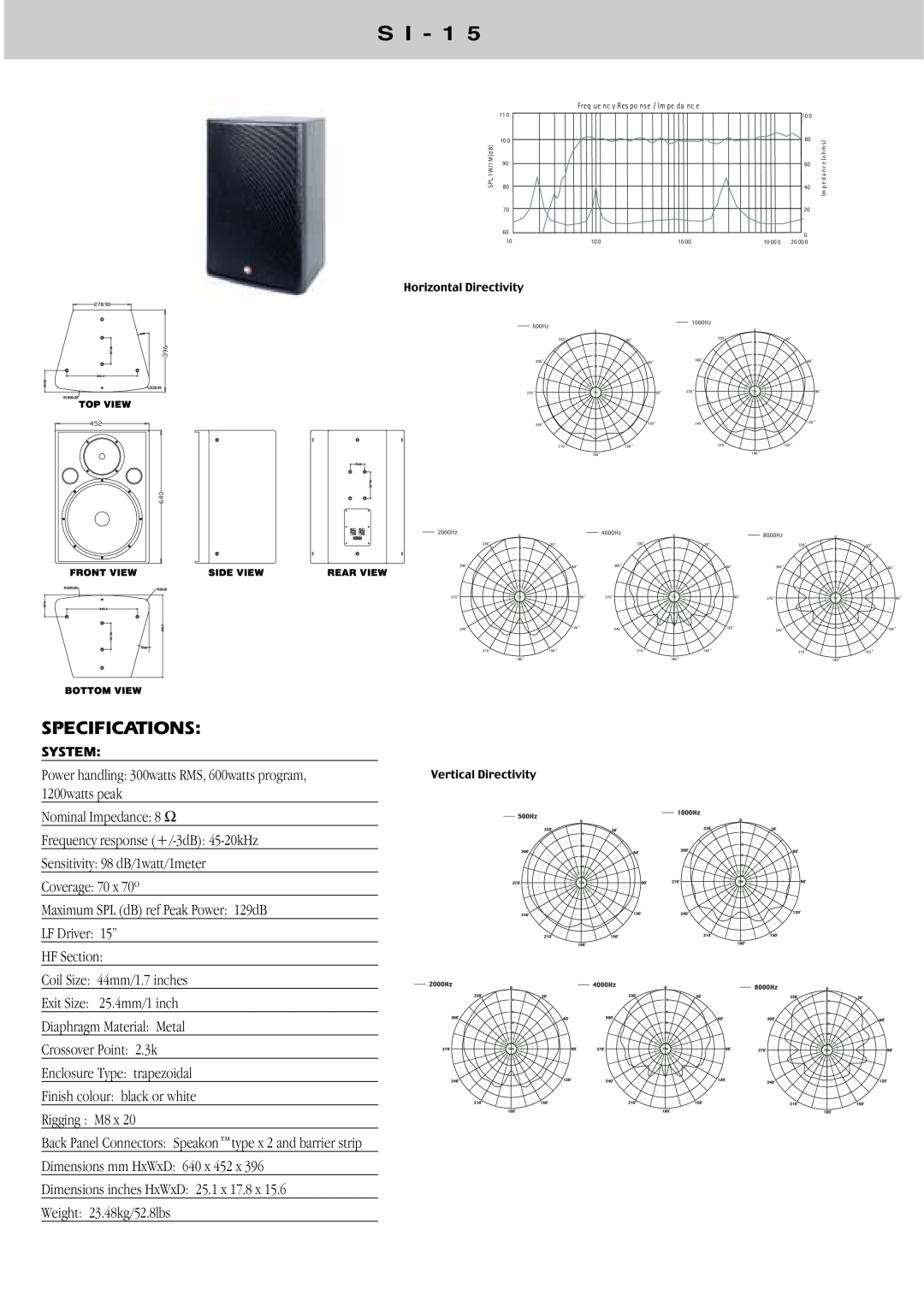 Wharfedale SI Series instruction manual S I - 1, Specifications 