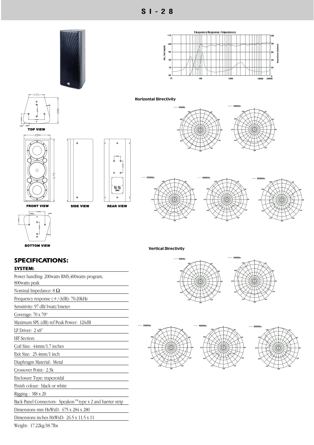 Wharfedale SI Series instruction manual S I - 2, Specifications 
