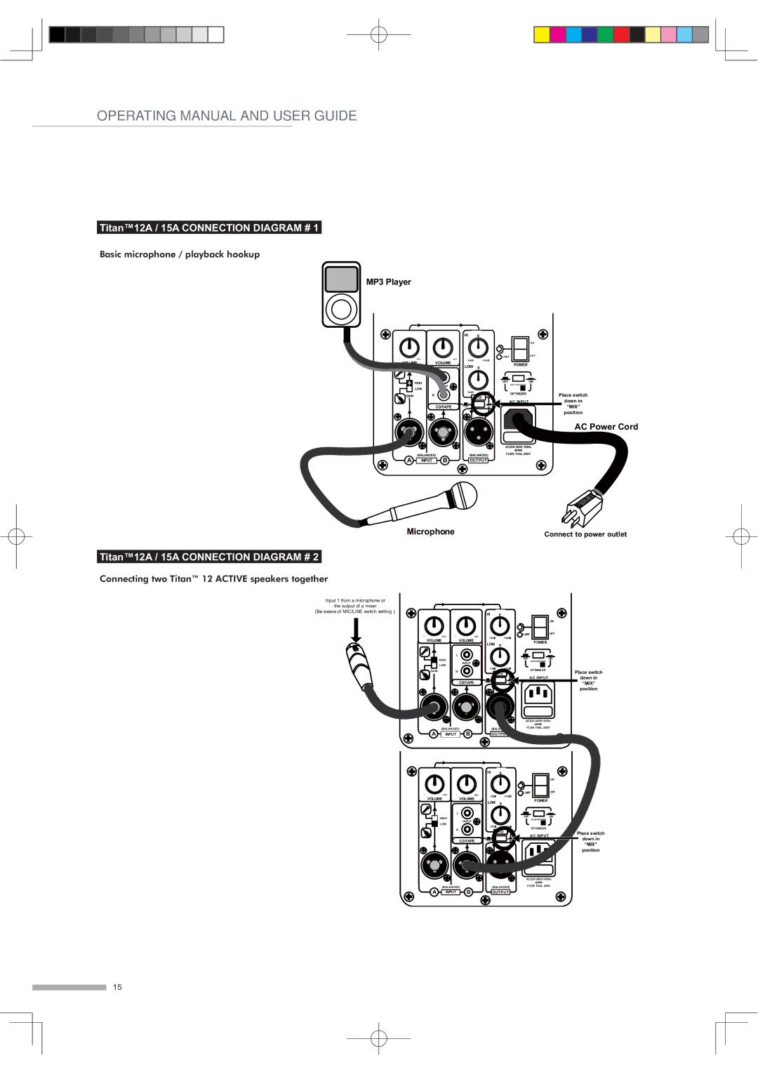 Wharfedale 15 PASSIVE, SUB A12, 12 PASSIVE, 15 ACTIVE, 8 ACTIVE manual Titan12A / 15A Connection Diagram #, MP3 Player 