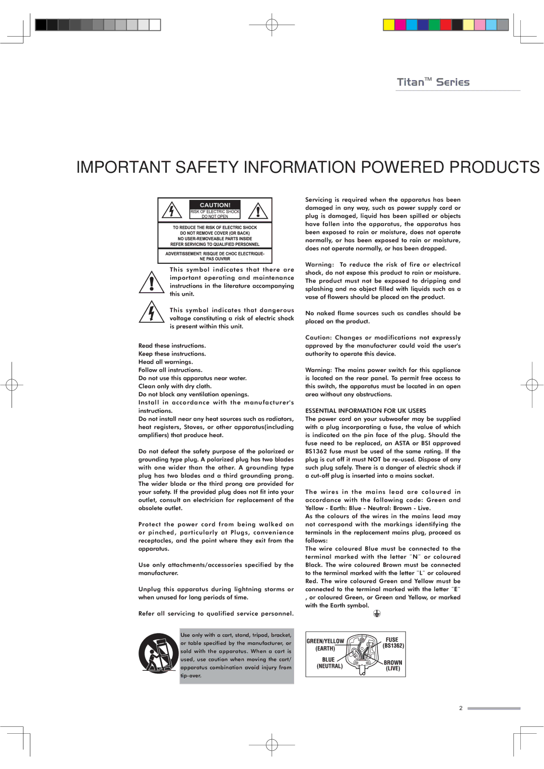 Wharfedale 15 PASSIVE, SUB A12, 15 ACTIVE Important Safety Information Powered Products, Essential Information for UK Users 