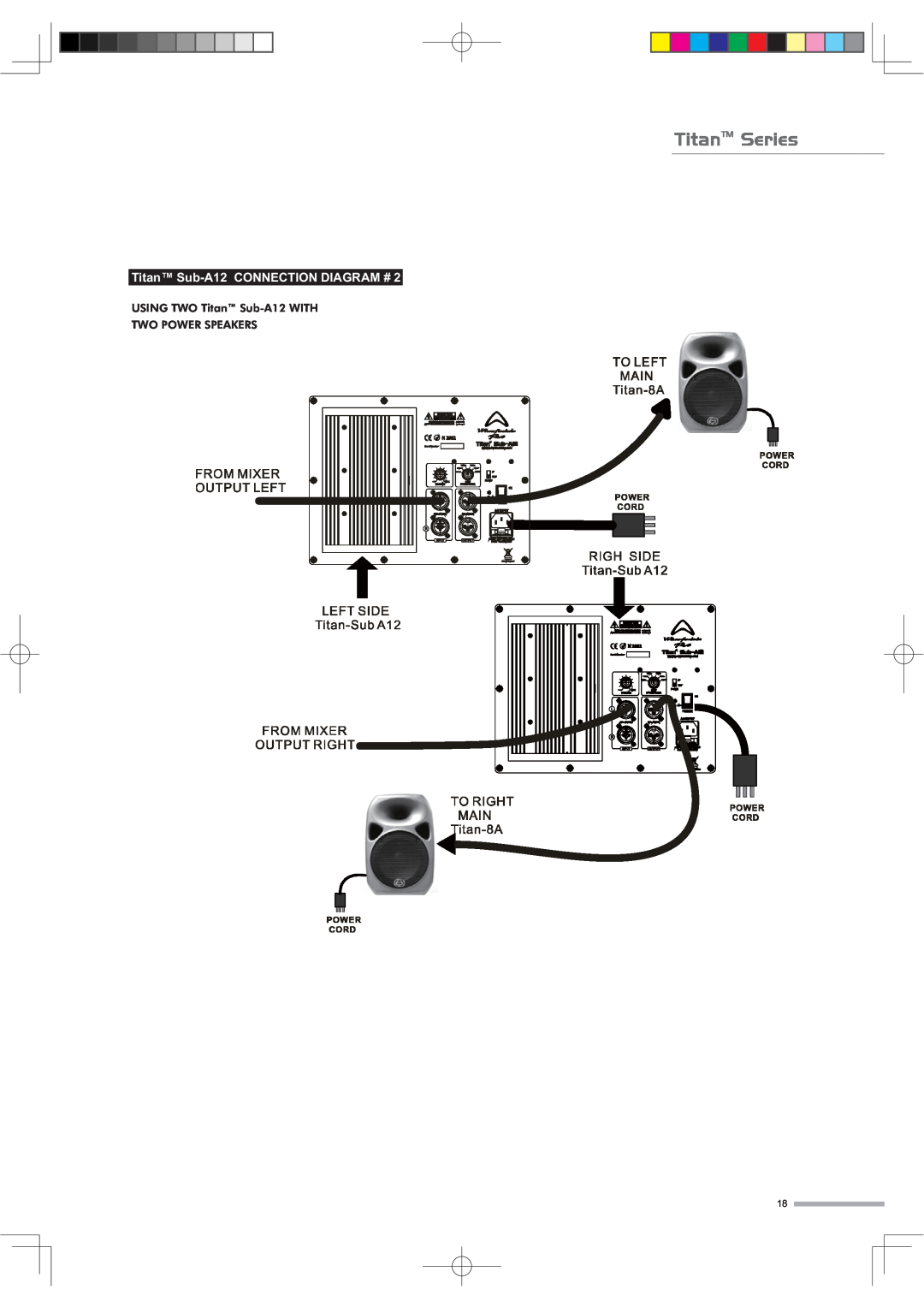 Wharfedale SUB A12 manual TitanTM Series, Titan Sub-A12CONNECTION DIAGRAM #, USING TWO Titan Sub-A12WITH TWO POWER SPEAKERS 