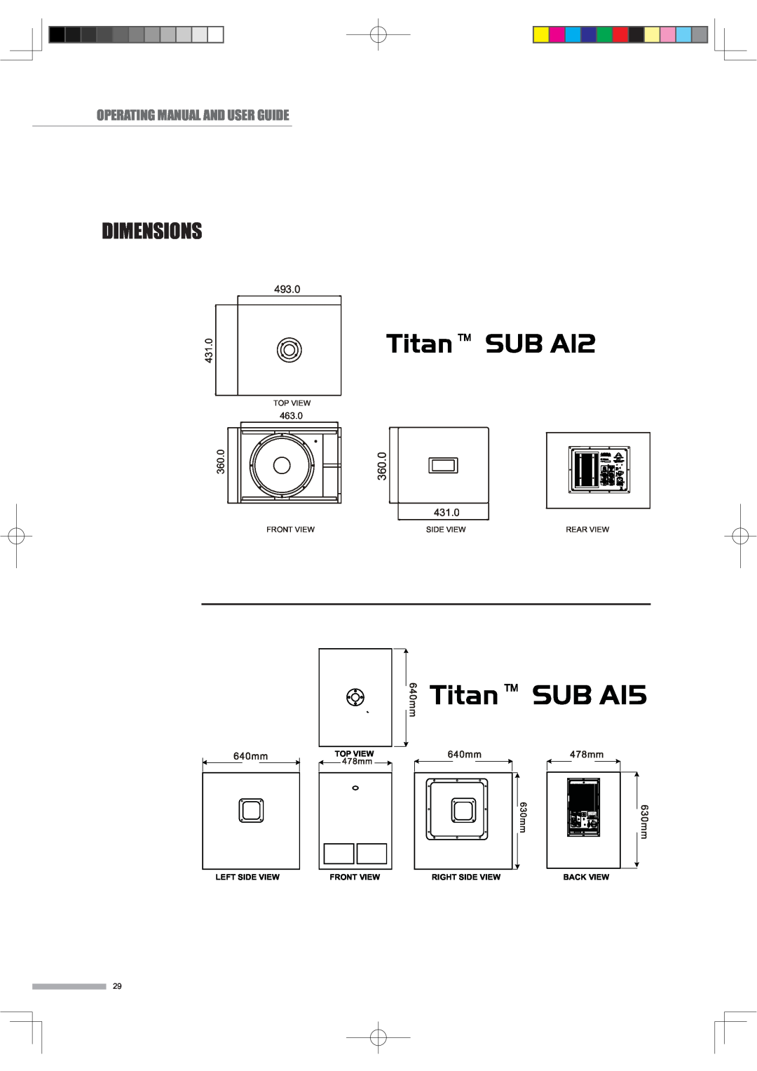 Wharfedale manual Titan SUB A15, Titan SUB A12, Dimensions, Operating Manual And User Guide, 360.0, 493.0, 431.0, 463.0 