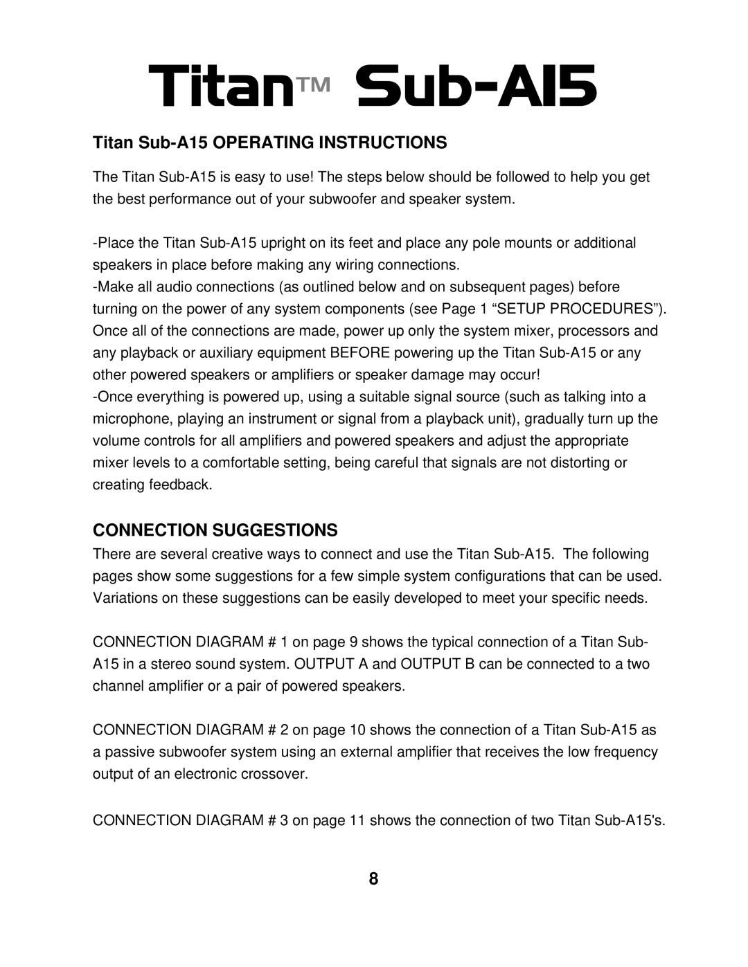 Wharfedale Sub A15 manual Titan Sub-A15 Operating Instructions, Connection Suggestions 