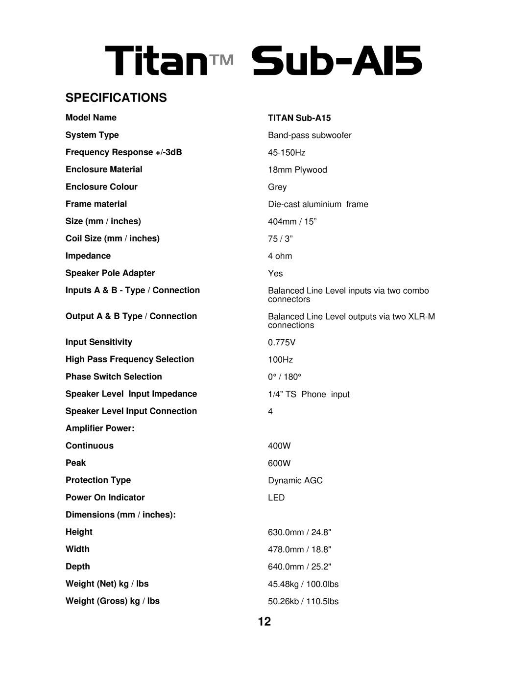 Wharfedale Sub A15 manual Specifications, Led 