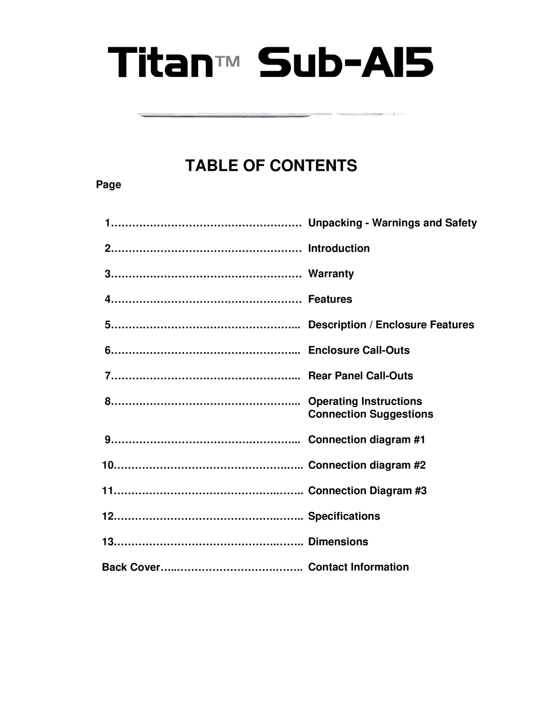 Wharfedale Sub A15 manual Table of Contents 