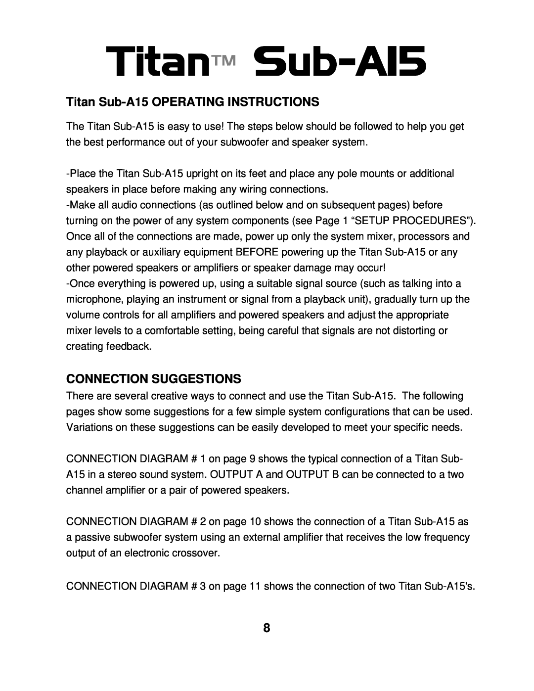 Wharfedale Sub A15 manual Titan Sub-A15OPERATING INSTRUCTIONS, Connection Suggestions 