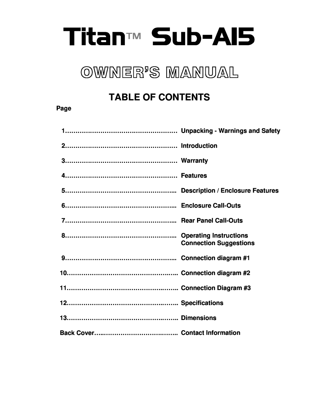 Wharfedale Sub A15 manual Table Of Contents 