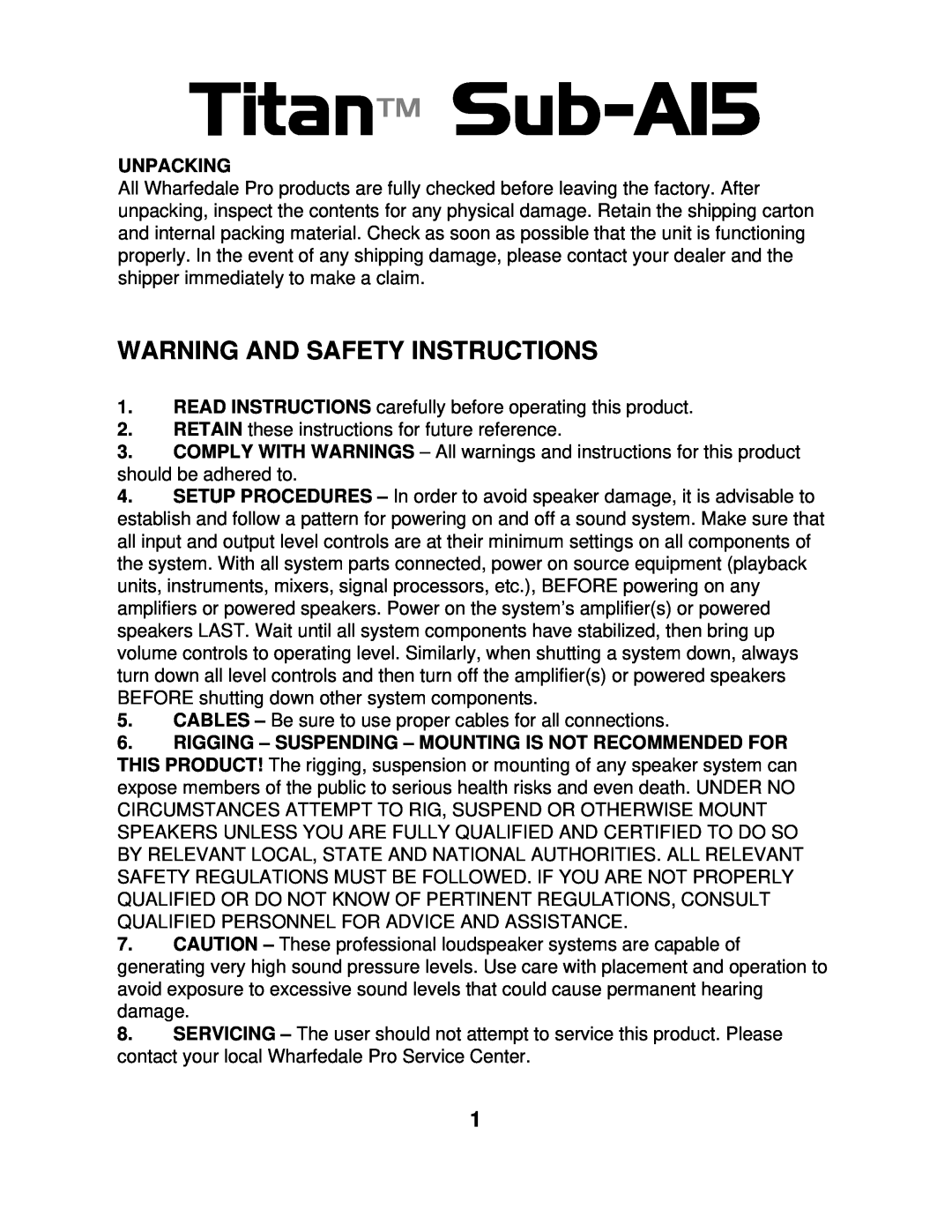 Wharfedale Sub A15 manual Warning And Safety Instructions, Unpacking 