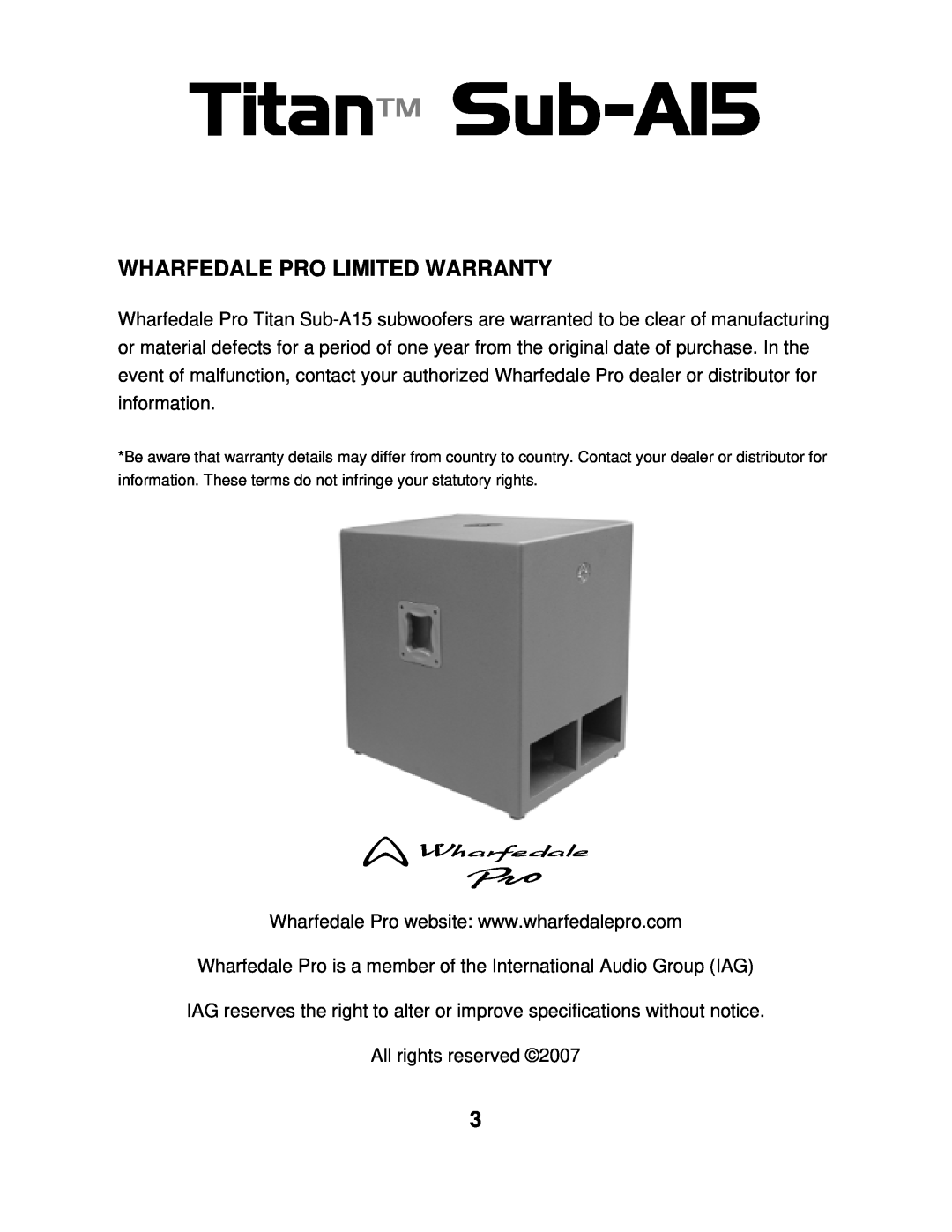 Wharfedale Sub A15 manual Wharfedale Pro Limited Warranty 
