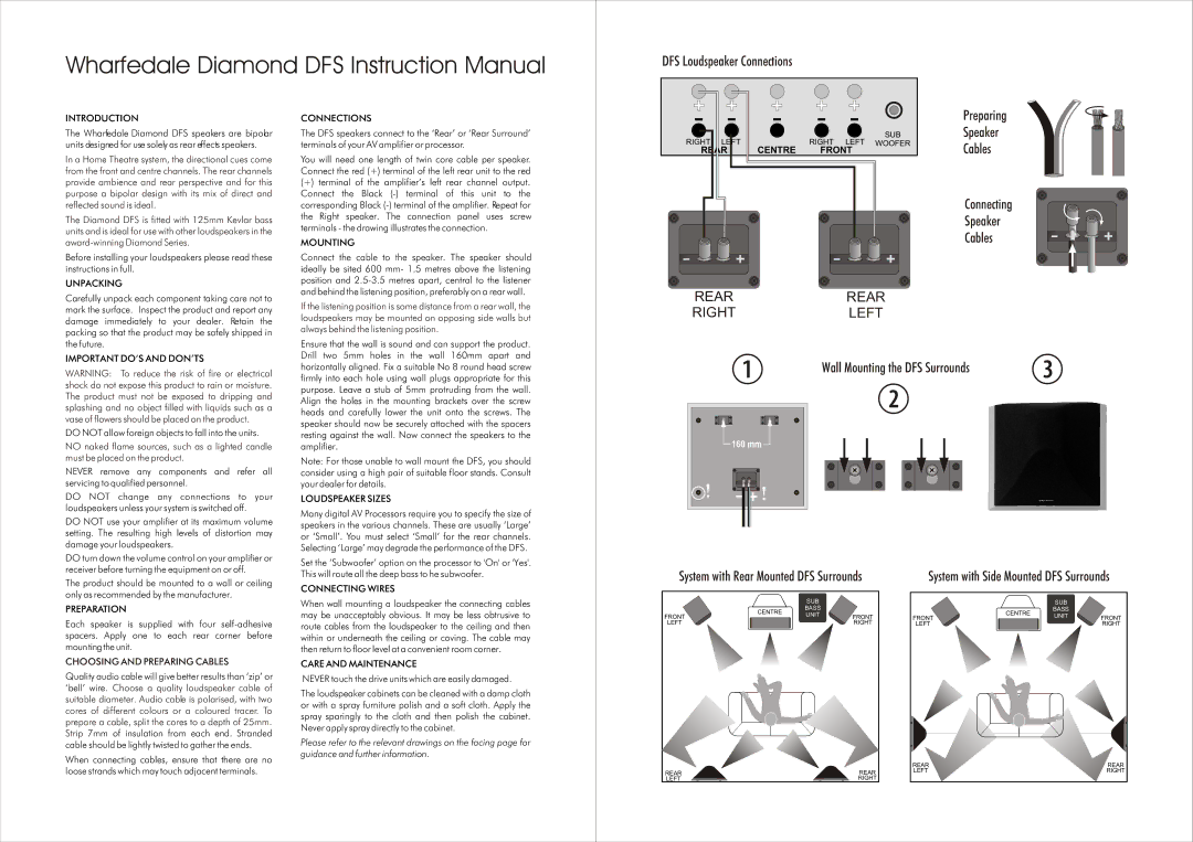 Wharfedale DFS Loudspeaker Connections, Preparing Speaker Cables Connecting, Wall Mounting the DFS Surrounds 