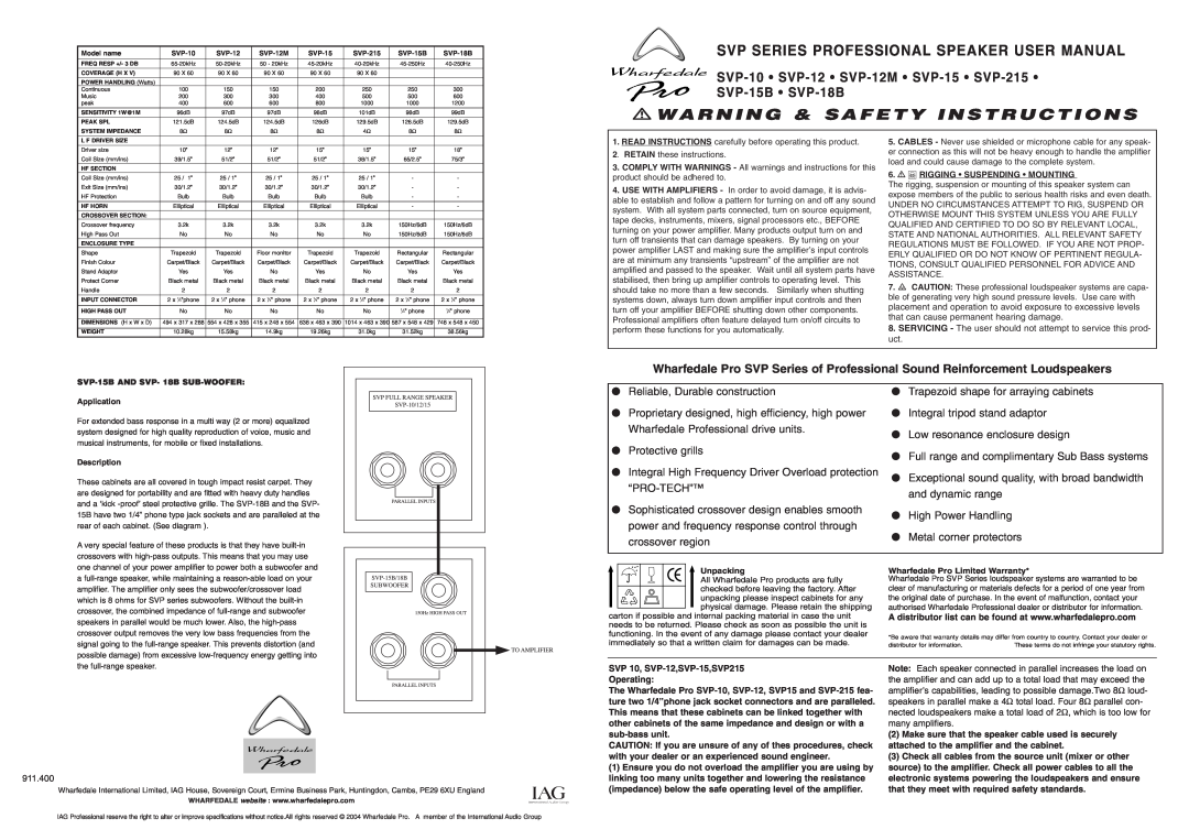 Wharfedale SVP-215, SVP-15B, SVP-18B user manual Svp Series Professional Speaker User Manual, Warning & Safety Instructions 