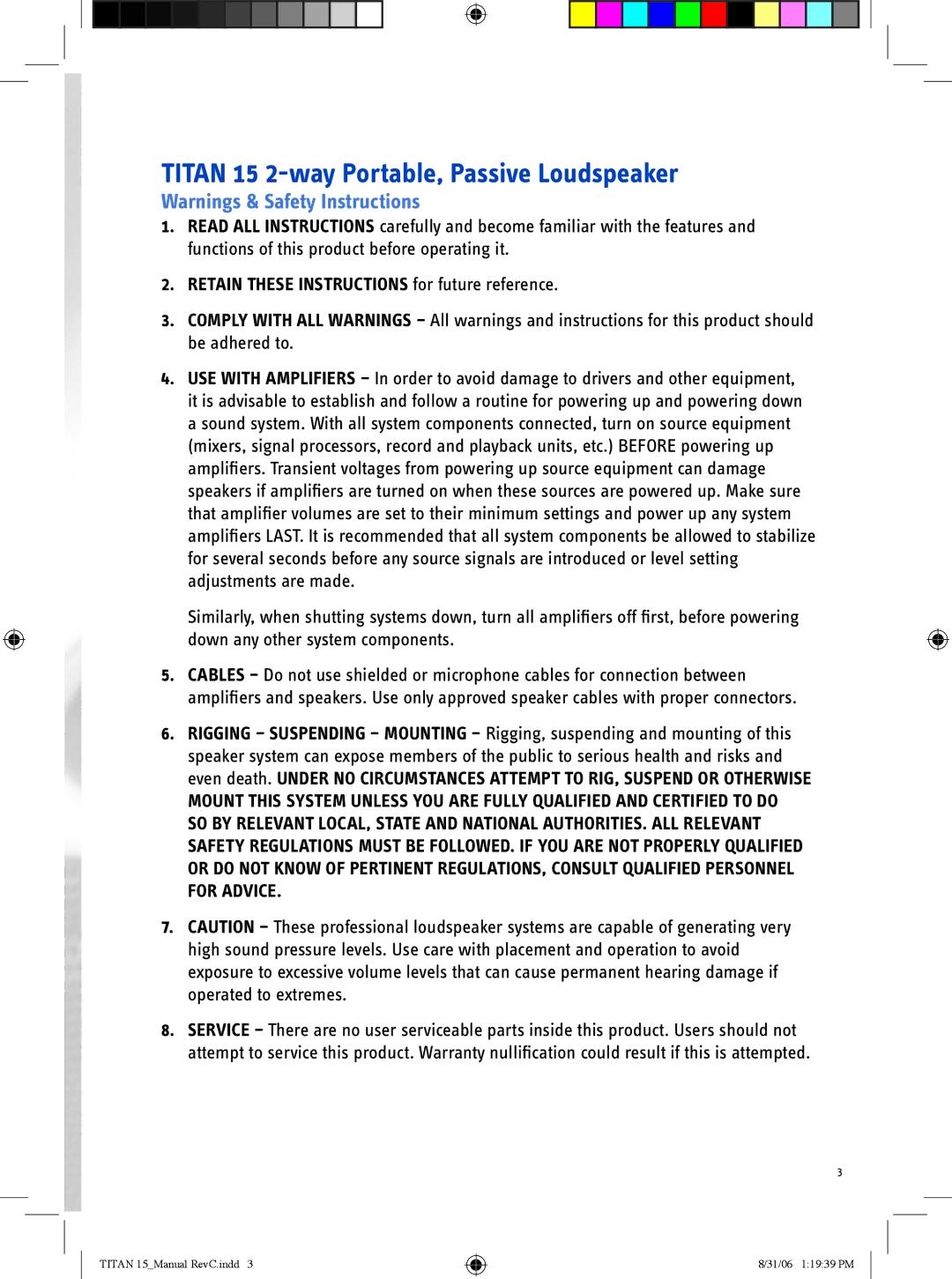 Wharfedale user manual Titan 15 2-way Portable, Passive Loudspeaker, Retain These Instructions for future reference 