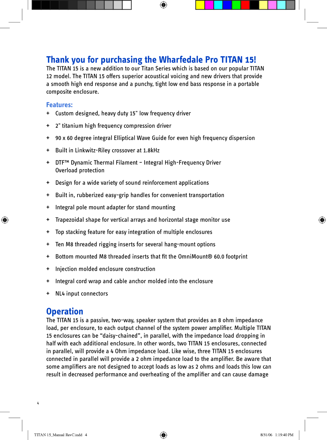 Wharfedale Titan 15 user manual Thank you for purchasing the Wharfedale Pro Titan, Operation 